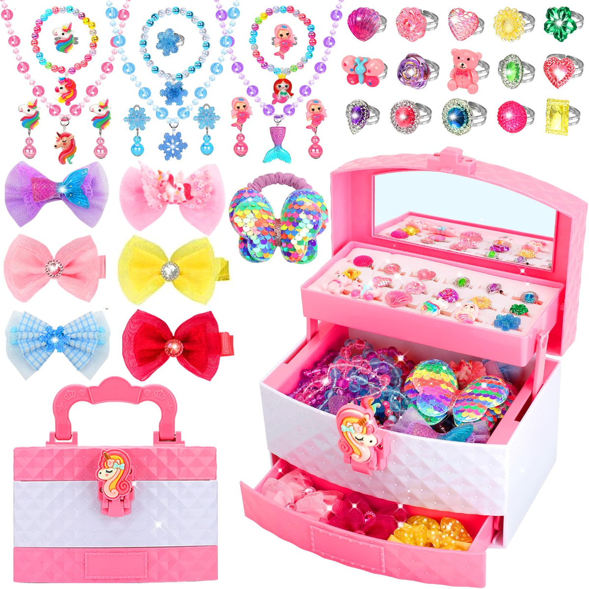 HEYDUOTON kids jewelry set with unicorn charms for imaginative dress-up play.