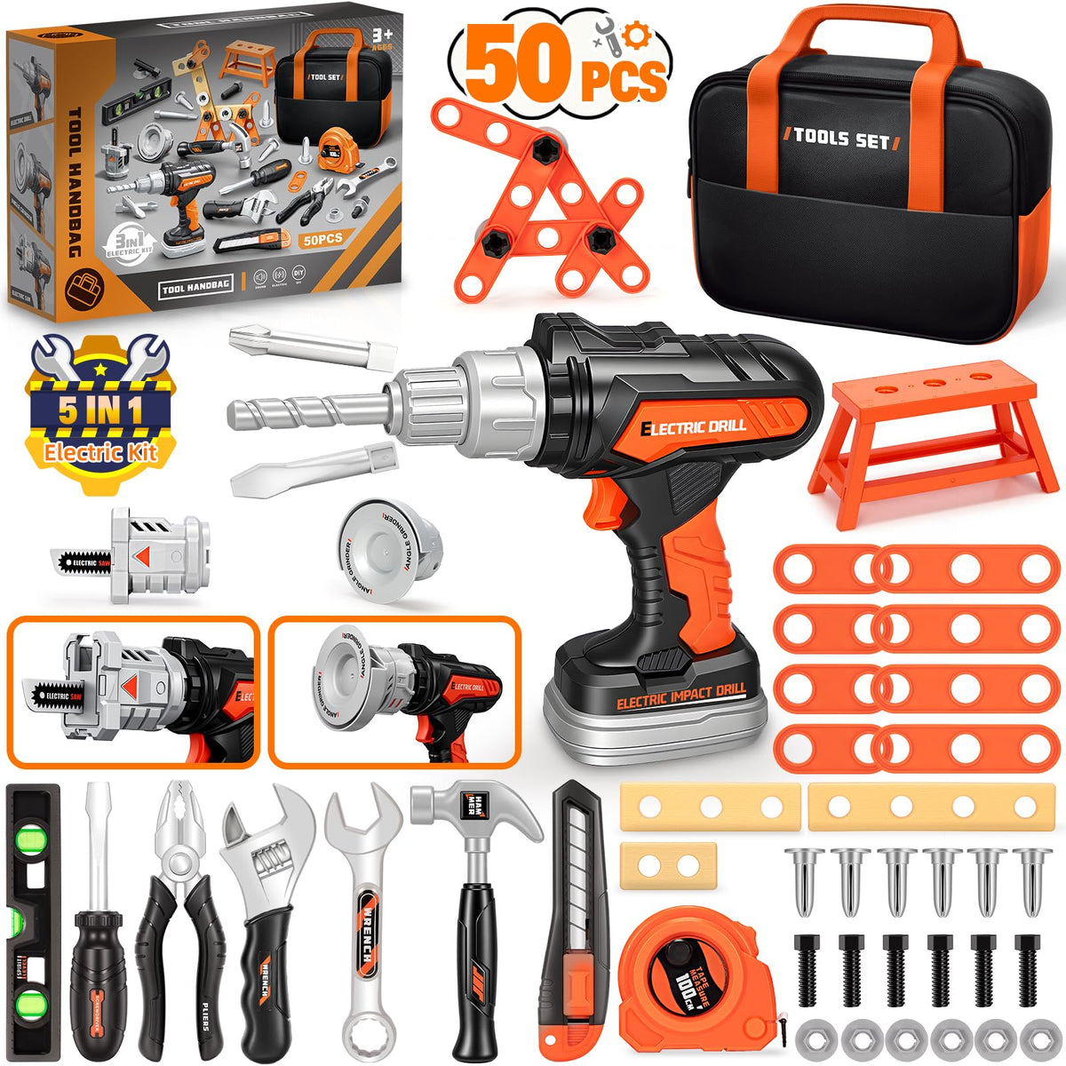 Heygelo 50pcs kids tool set with electric drill for imaginative building play