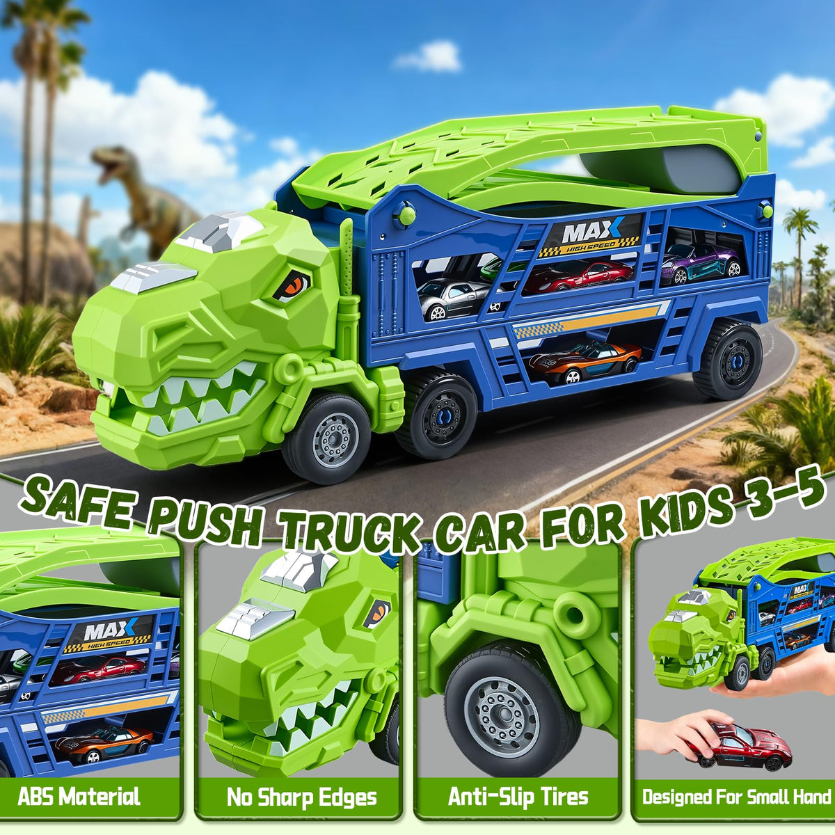 Heygelo kids playing with the dinosaur truck and racing tracks