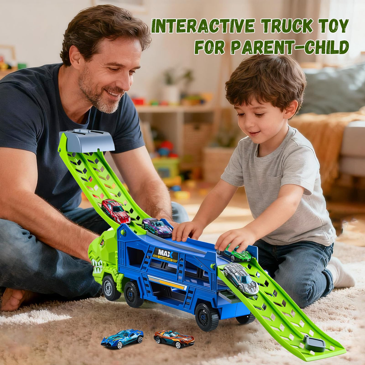Heygelo parent-child play session with a dinosaur truck toy