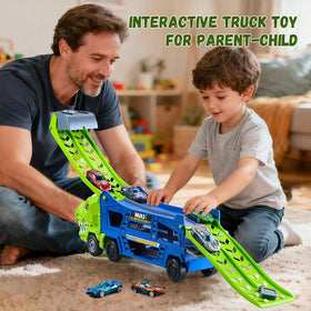 Heygelo parent-child play session with a dinosaur truck toy