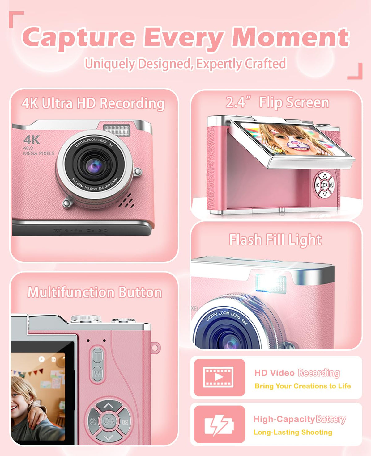 HEYMAO Kids Camera with a 180-degree flip screen for easy selfies and vlogs.