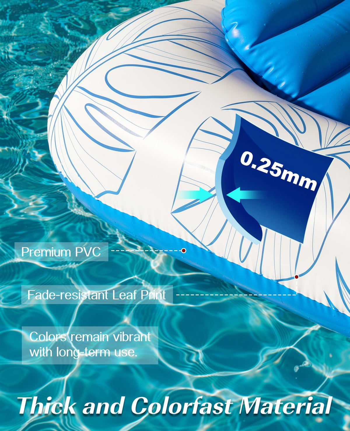 HeySplash blue leaf-pattern float ideal for lake and beach relaxation.