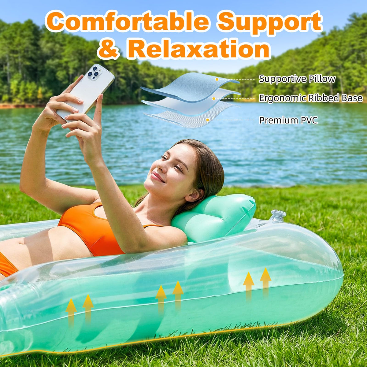 HeySplash float features a bright leaf pattern for poolside style