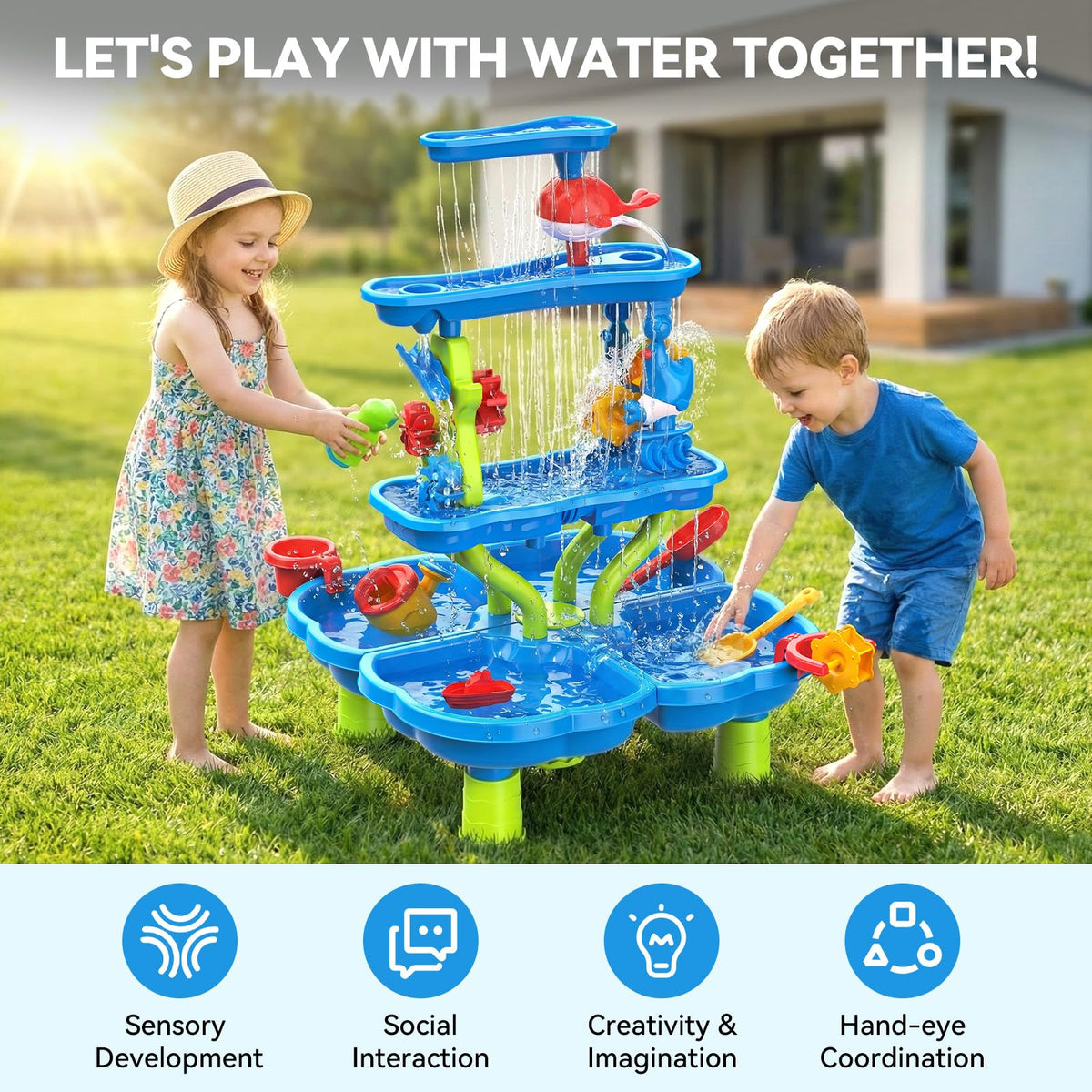HeySplash water table top flow whale demonstrates cascading water for sensory exploration