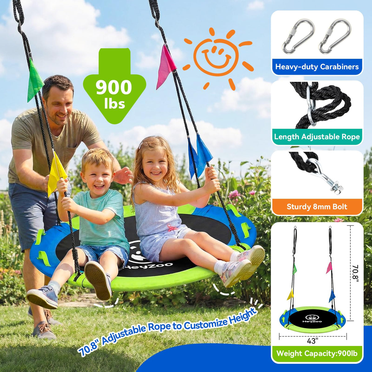 HeyZoo all-season outdoor saucer swing uses weatherproof fabric for year-round use.