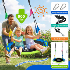 HeyZoo all-season outdoor saucer swing uses weatherproof fabric for year-round use.