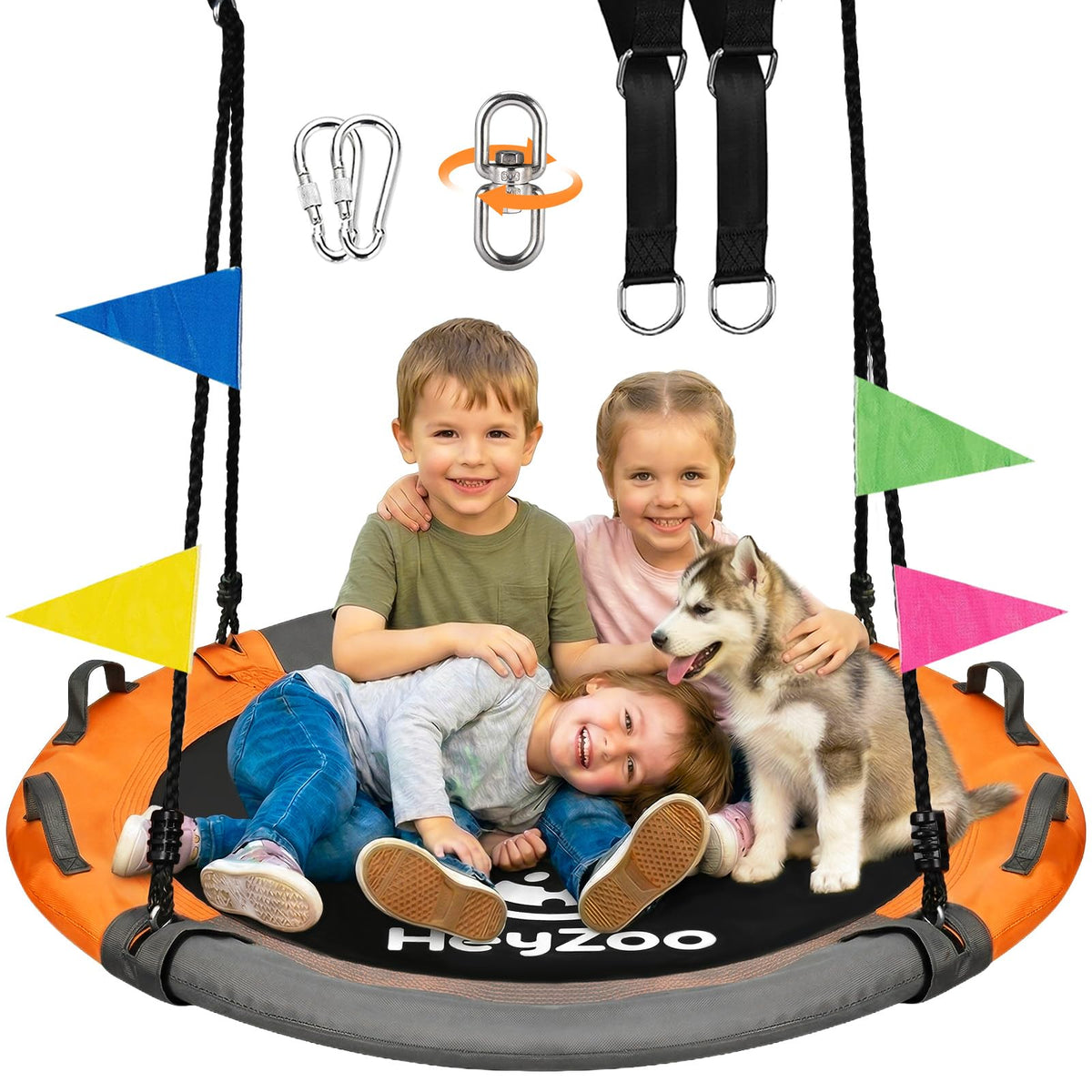 HeyZoo 43-inch saucer swing with 360-degree swivel for versatile playtime.