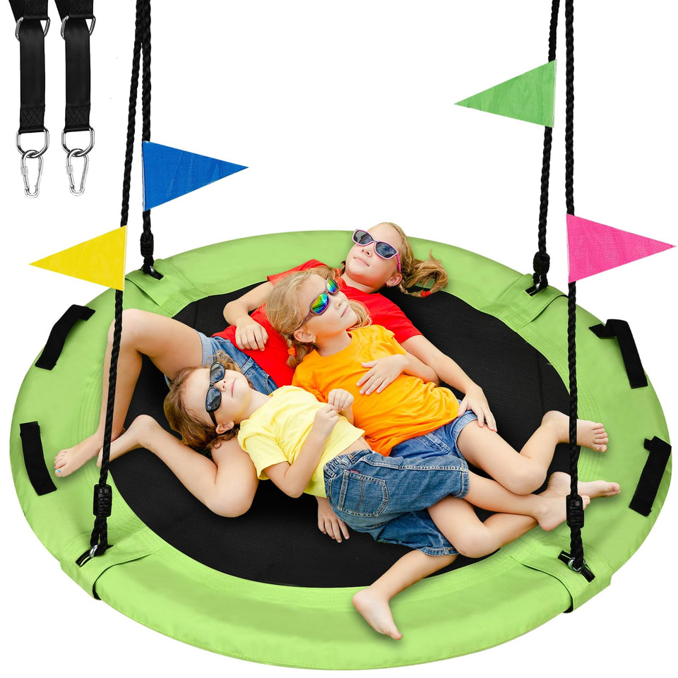 HeyZoo 48-inch saucer swing ready for family use in the yard