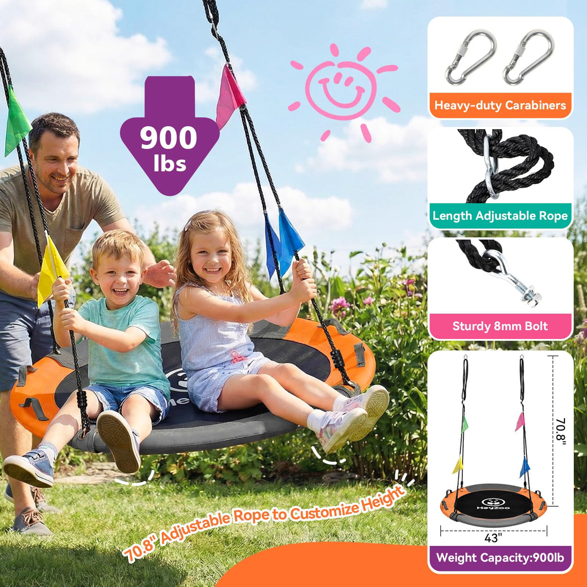 HeyZoo 900 lbs capacity saucer swing for sturdy, safe outdoor fun.