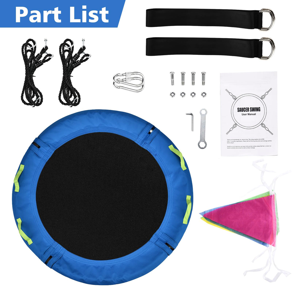 HeyZoo blue saucer swing seat adds vibrant color for kids' outdoors.