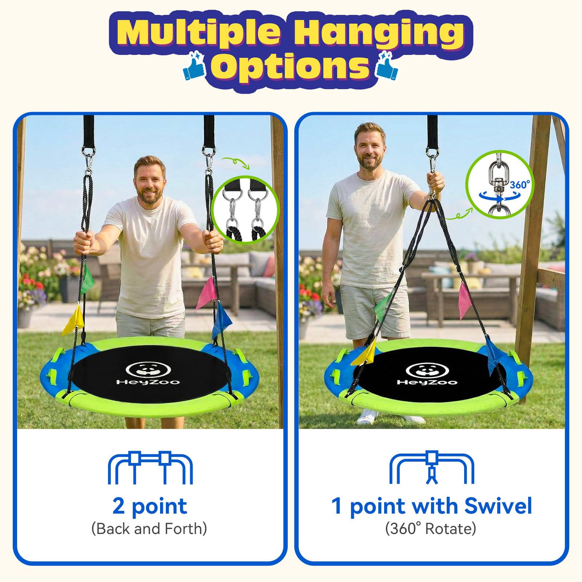 HeyZoo saucer swing with four colorful flags adds festive backyard flair.