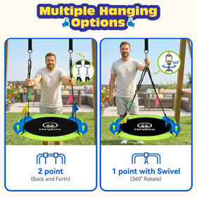 HeyZoo saucer swing with four colorful flags adds festive backyard flair.