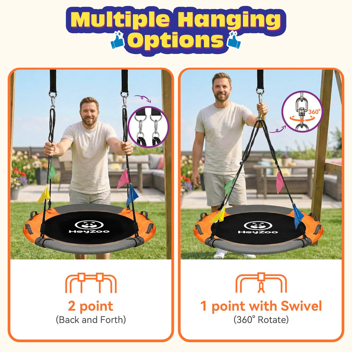 HeyZoo saucer swing with four colorful flags for backyard excitement.