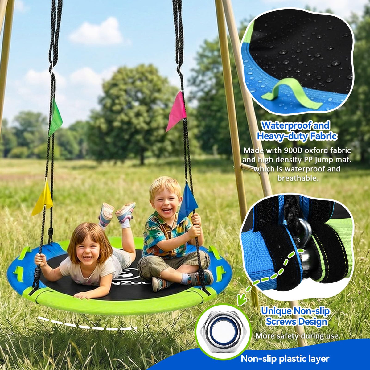 HeyZoo galvanized steel frame provides strong support for family fun.