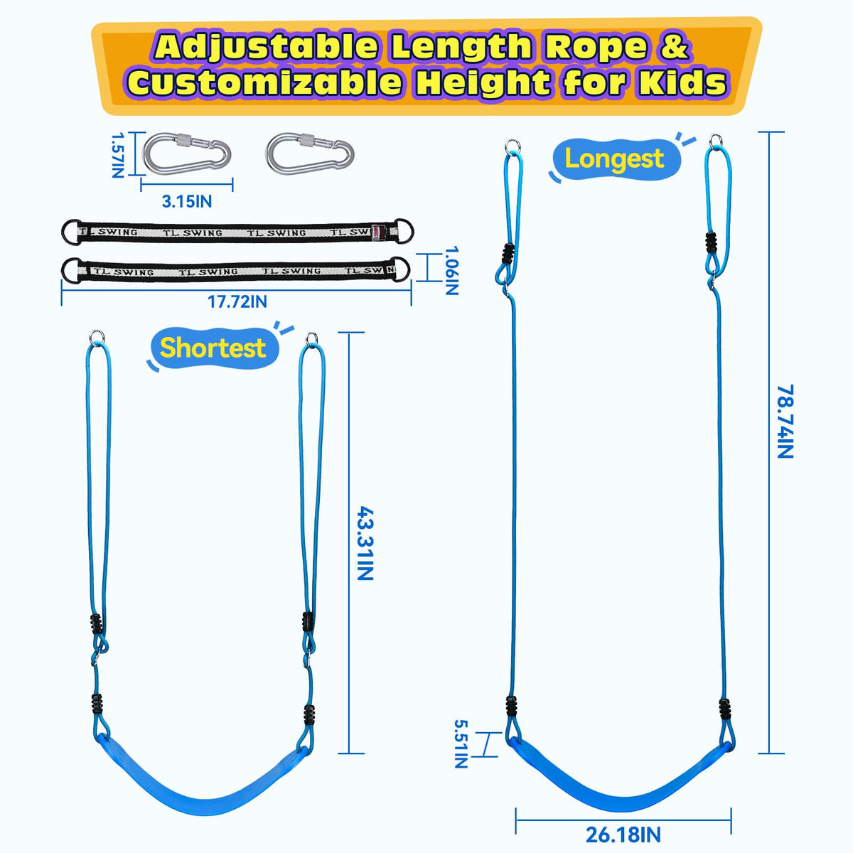 HeyZoo swing adjustable rope 43.3 to 78.7 inches for flexible hanging