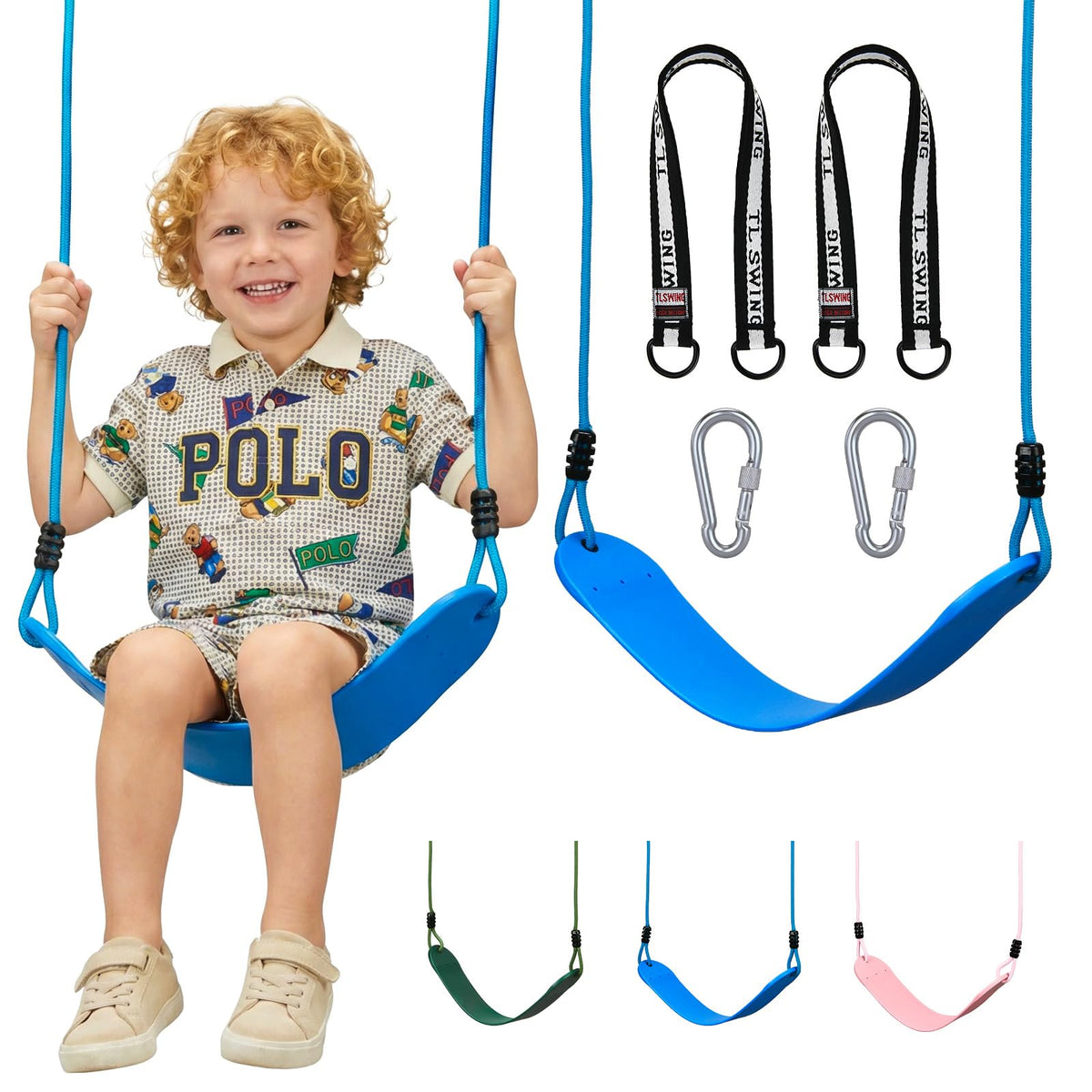 HeyZoo heavy duty kids swing seat blue front view for backyard fun