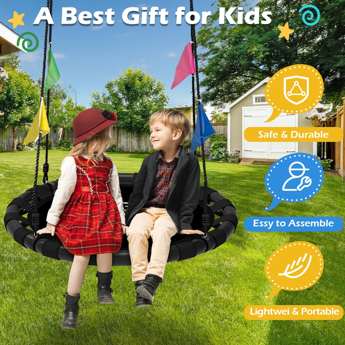 HeyZoo saucer swing in a sunny backyard ready for family fun.
