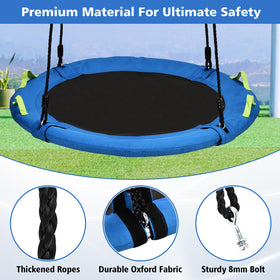 HeyZoo saucer swing with metal rings enables secure attachment and smooth motion.