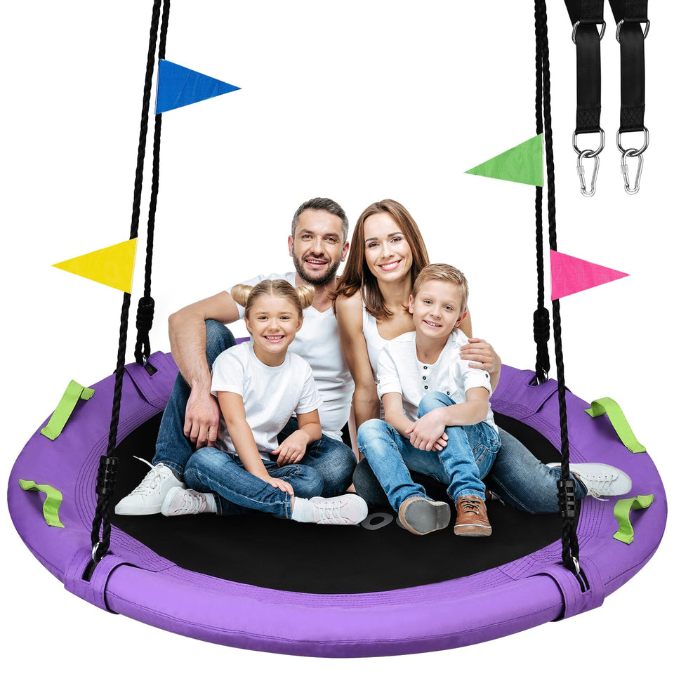 Heyzoo 60-inch purple saucer tree swing ready for backyard fun.