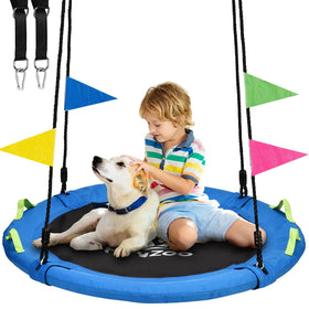HeyZoo tree swing blue front view highlights sturdy frame for backyard play