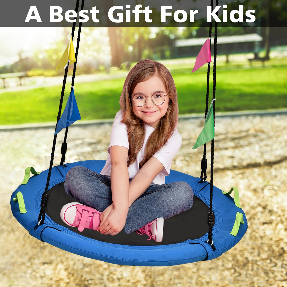 HeyZoo decorative flags brighten backyard fun and invite kids to swing.