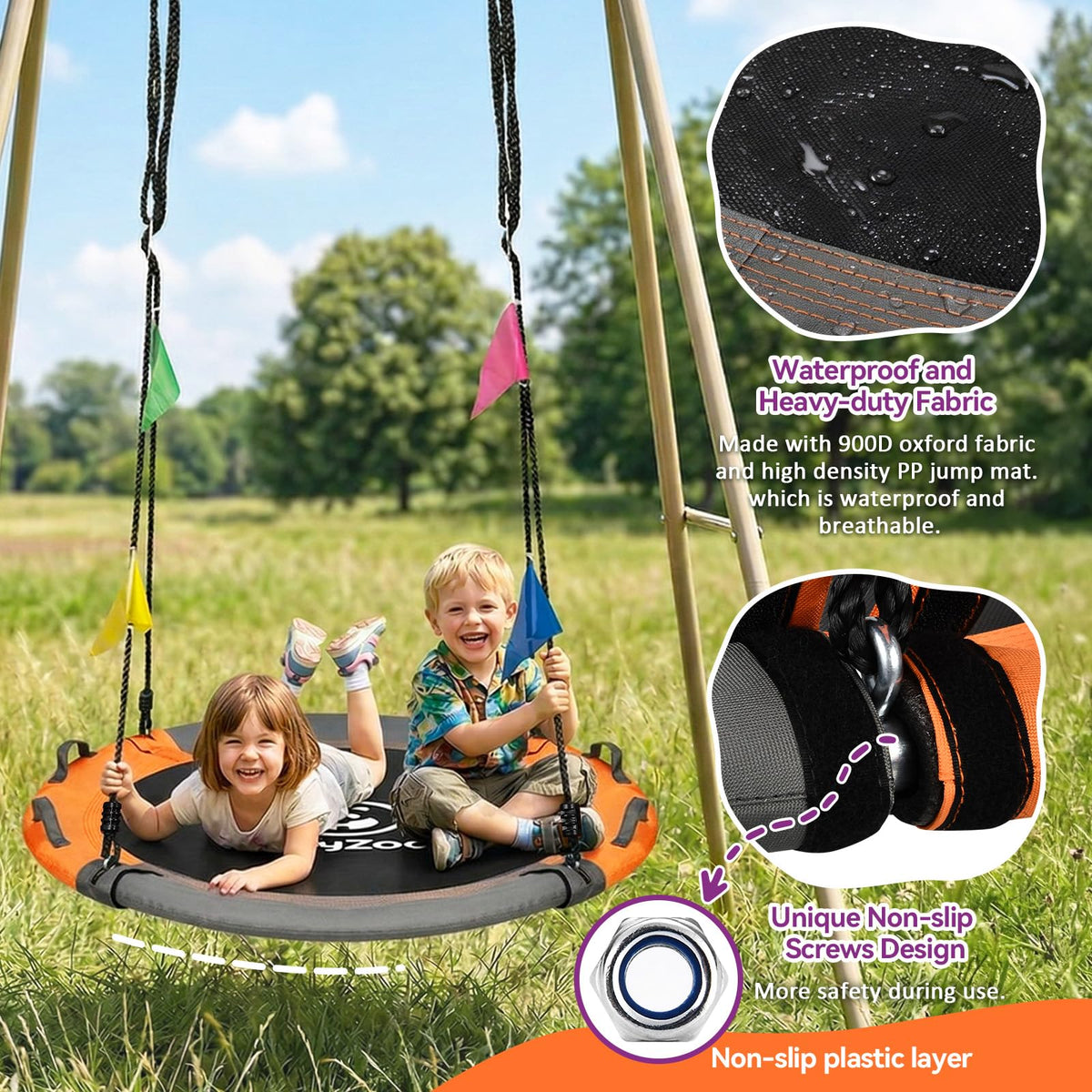HeyZoo UV-resistant waterproof fabric protects the swing in sun and rain.