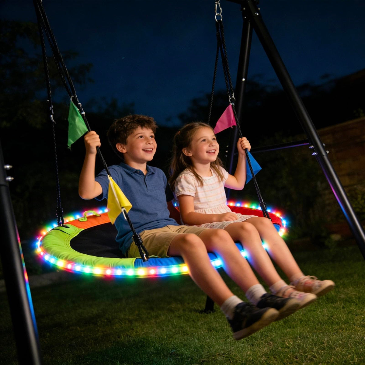 HeyZoo backyard swing set enhances outdoor playtime with color and comfort.
