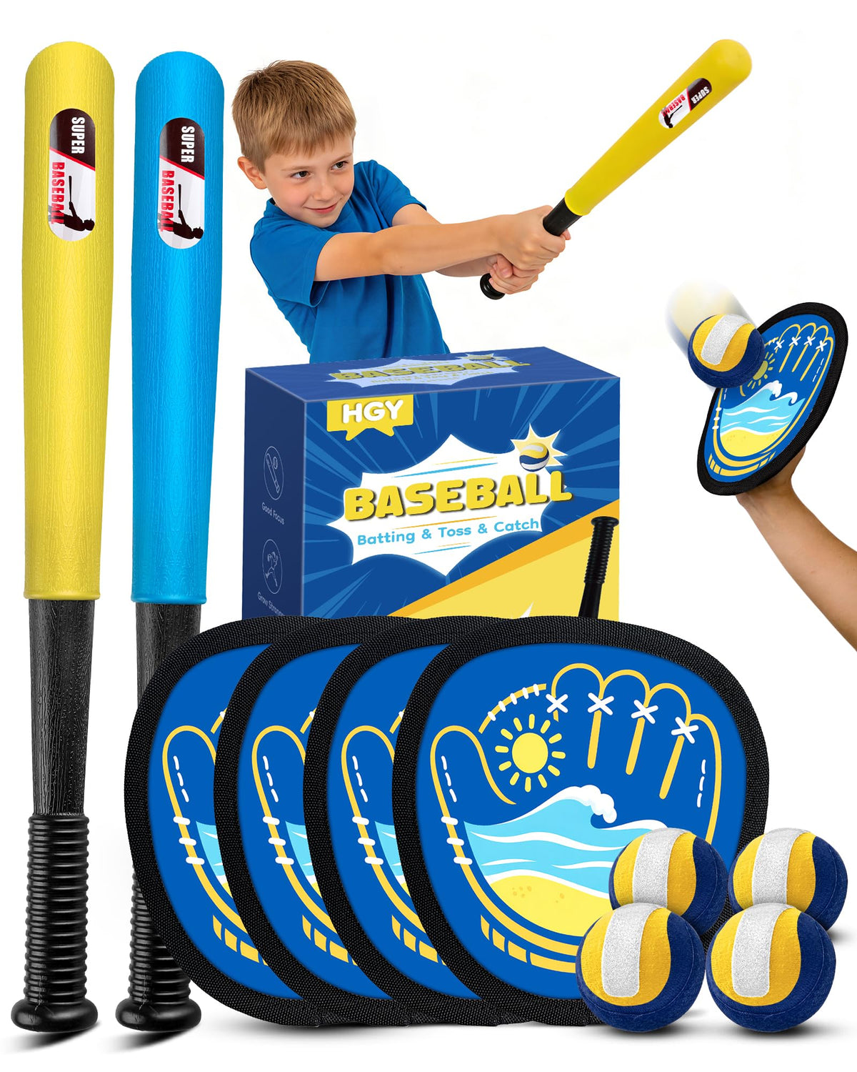 HGY toss-and-catch set with baseball bat for family outdoor fun.