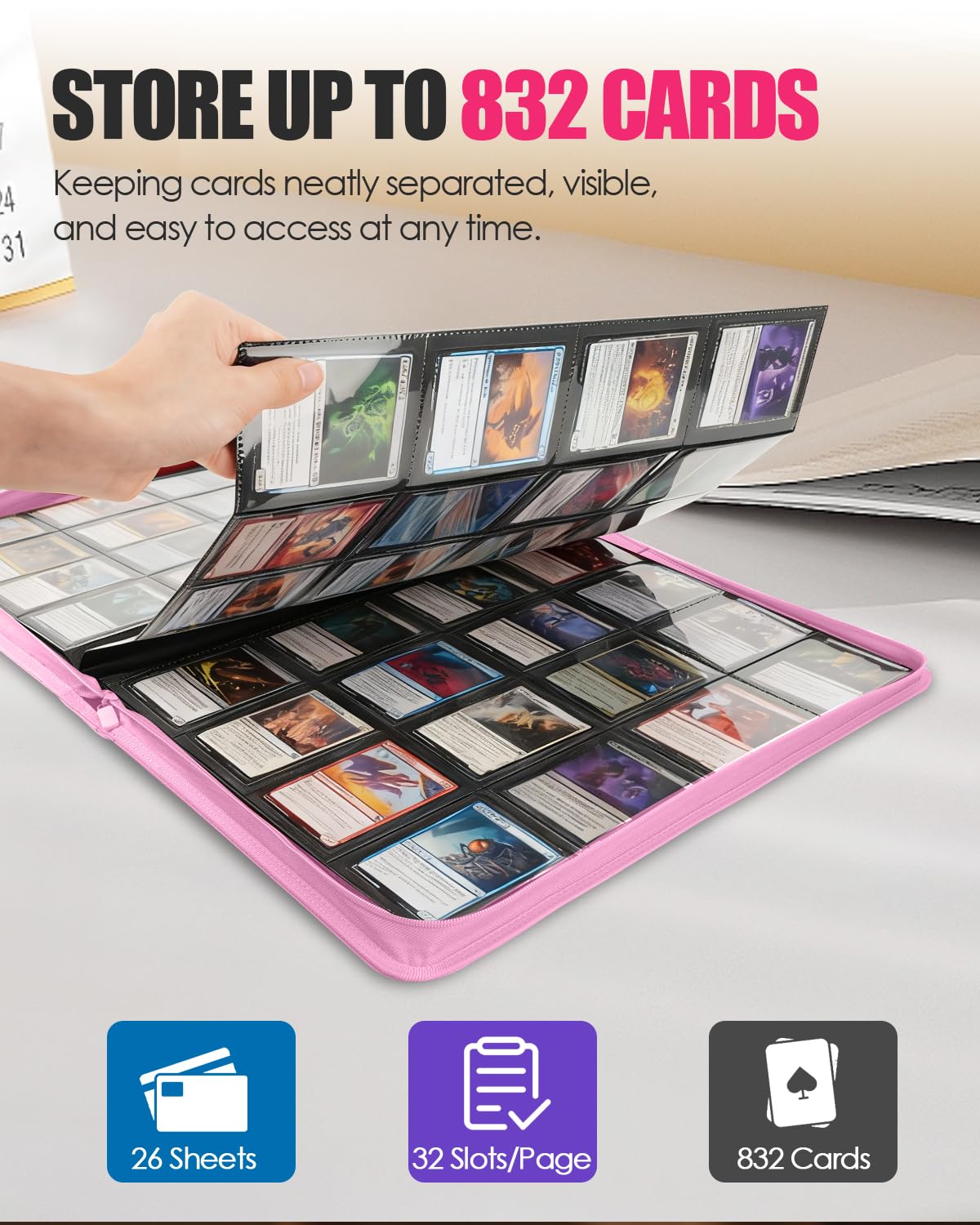 HHZ 16-pocket pink binder open spread shows double-sided pages for quick access