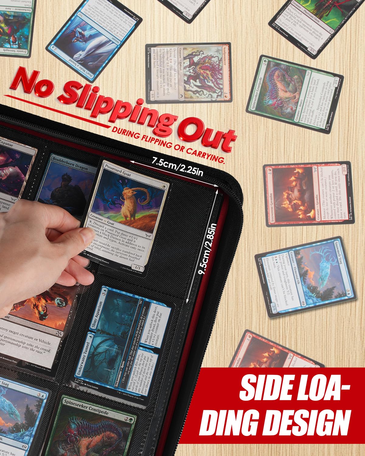 HHZ ringless spine flat layout prevents snags and protects cards during browsing