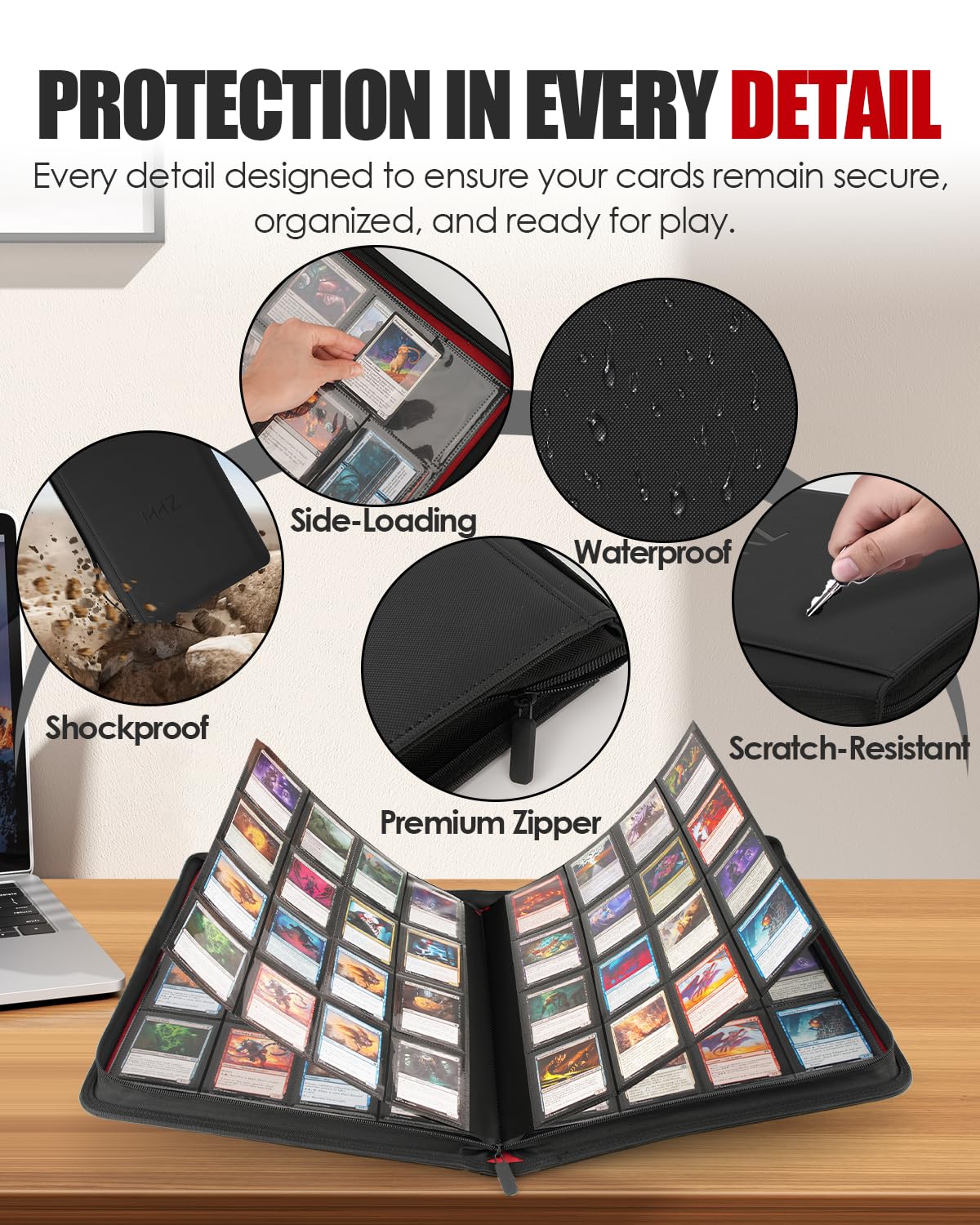 HHZ side-loading pockets design secures cards and reduces dust exposure during flipping