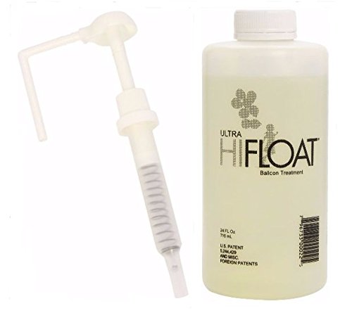 Hi-Float Ultra Balloon Treatment bottle shown for long-lasting latex balloons.