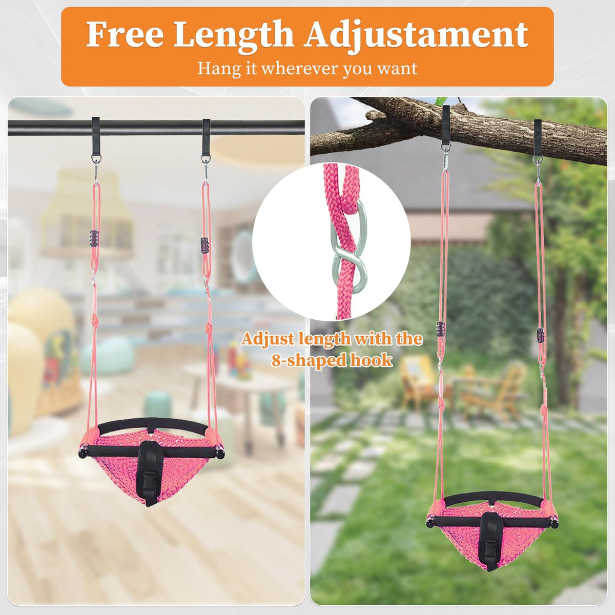 Hi-Na hand-knitted pink swing seat enhances comfort during play.