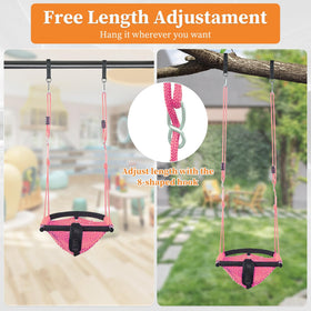 Hi-Na hand-knitted pink swing seat enhances comfort during play.