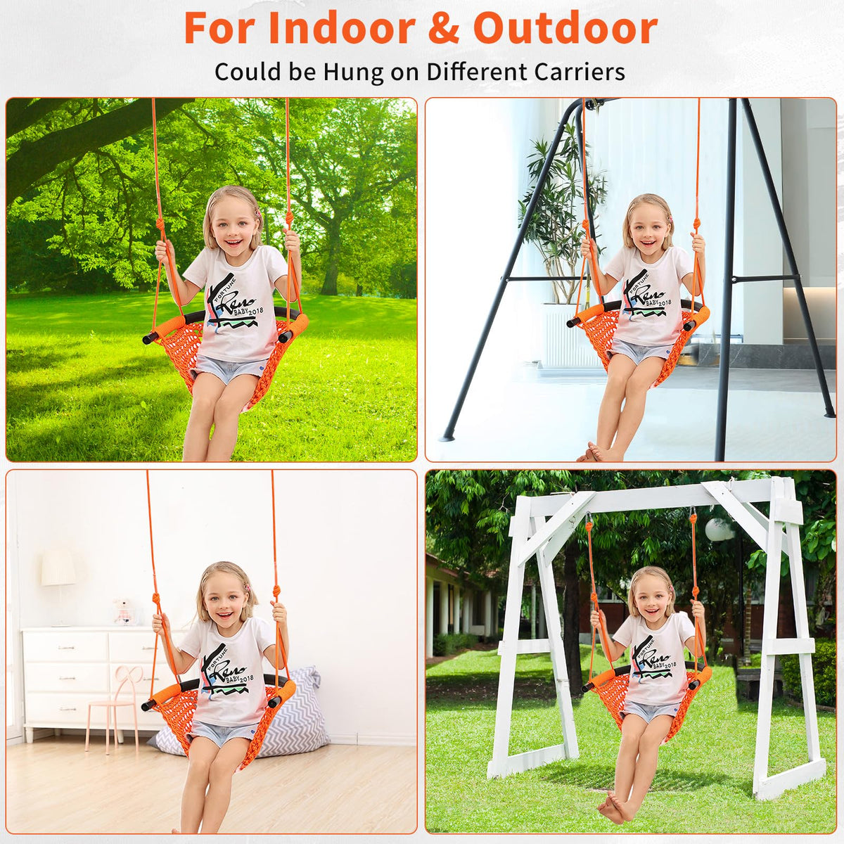 Hi-Na Kids Swing adjustable-height rope system adapts as children grow.