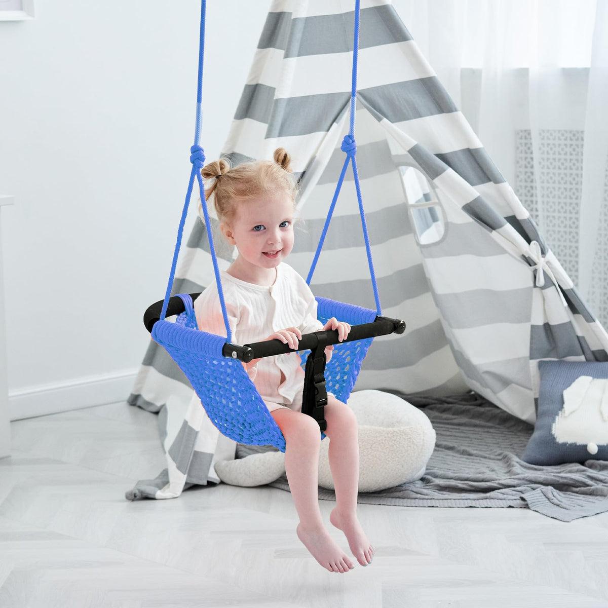 Hi-Na blue swing invites imaginative backyard or indoor play