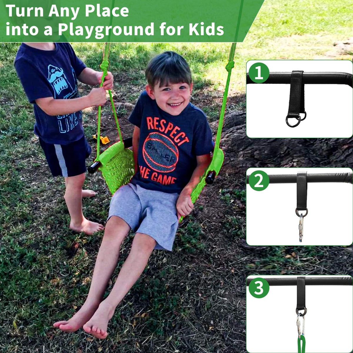Snap hooks and straps kit simplify setup and relocation of the swing.