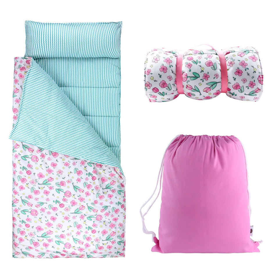 Hi Sprout nap mat rolled for easy transport during daycare trips.