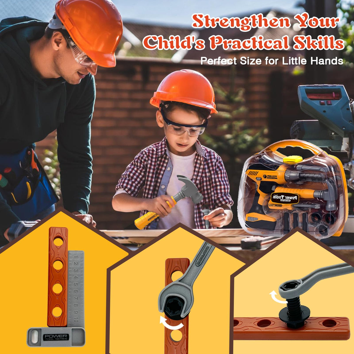 Hibility screwdriver and bits set support fine motor skills during pretend construction.