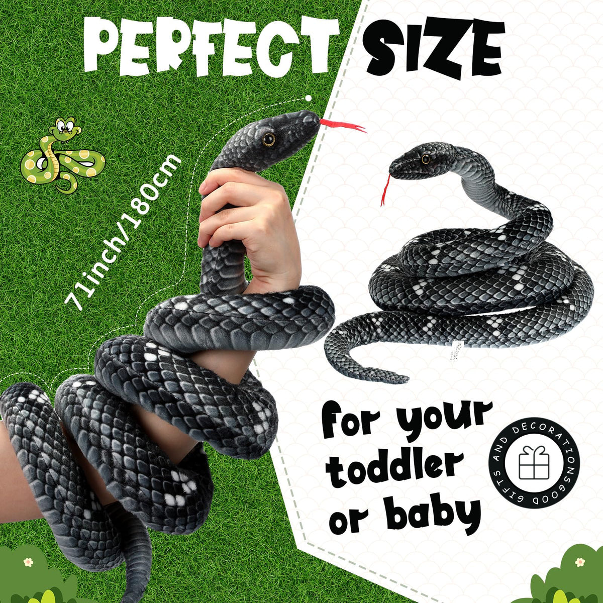 Hiboom giant snake plush measures 71 inches for striking wrap-around display