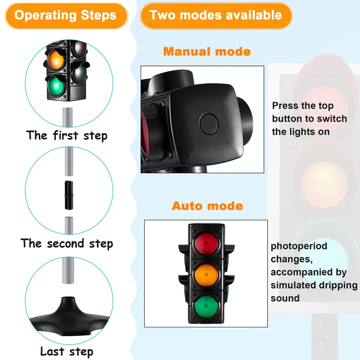 Hiboom traffic light toy top button demonstrates manual and automatic modes