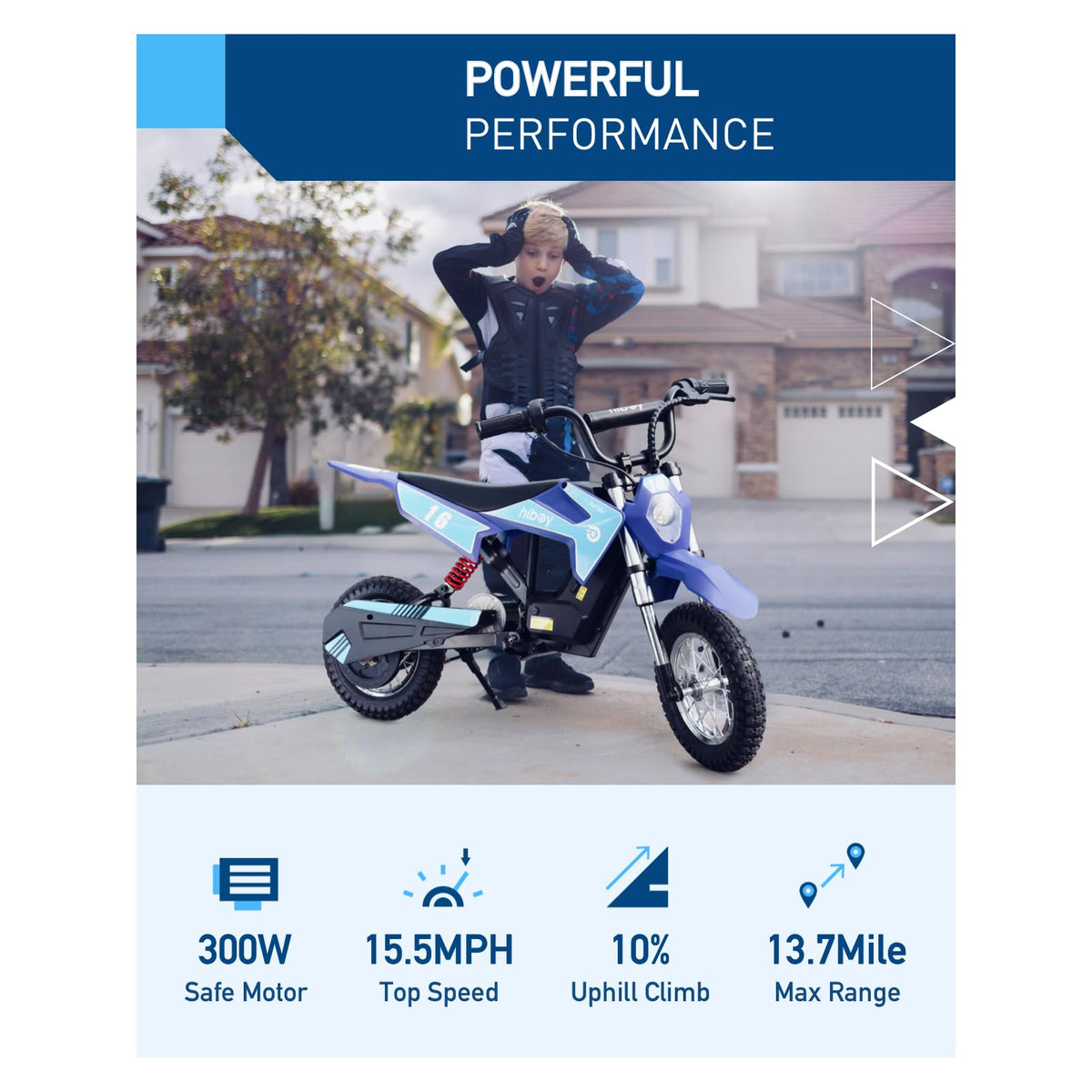 Hiboy DK1 dirt bike front angle showing compact frame for quick steering.