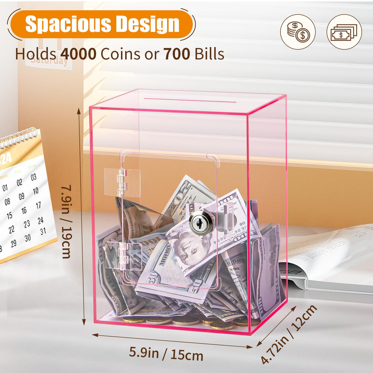 Hicocool blue acrylic piggy bank blends with decor and keeps money visible.