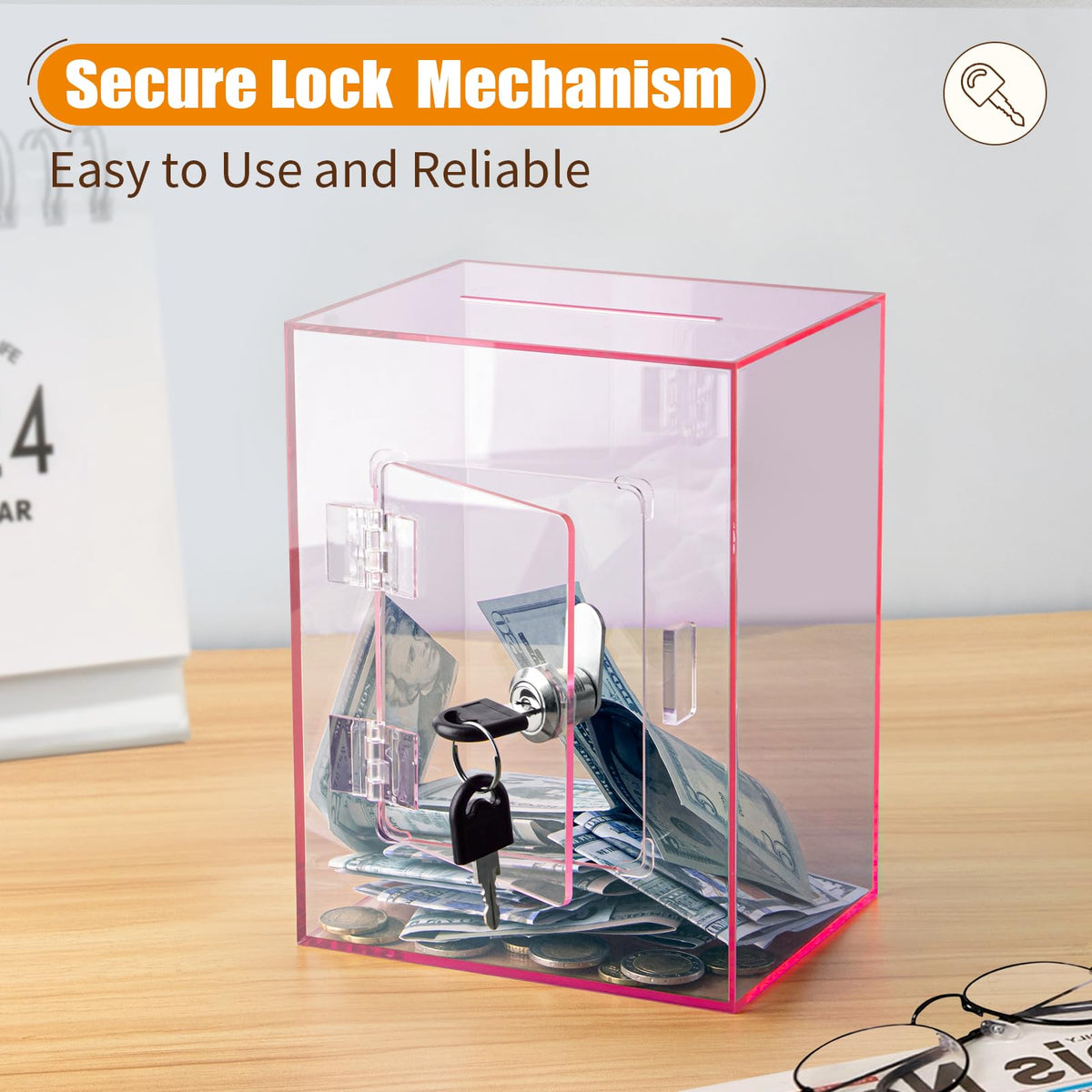Hicocool pink acrylic piggy bank adds color while keeping savings visible.