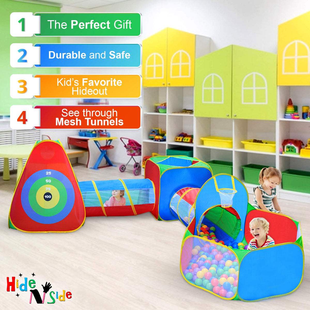 Hide N Side toddler jungle gym play tent ready for imaginative tunnel adventures.