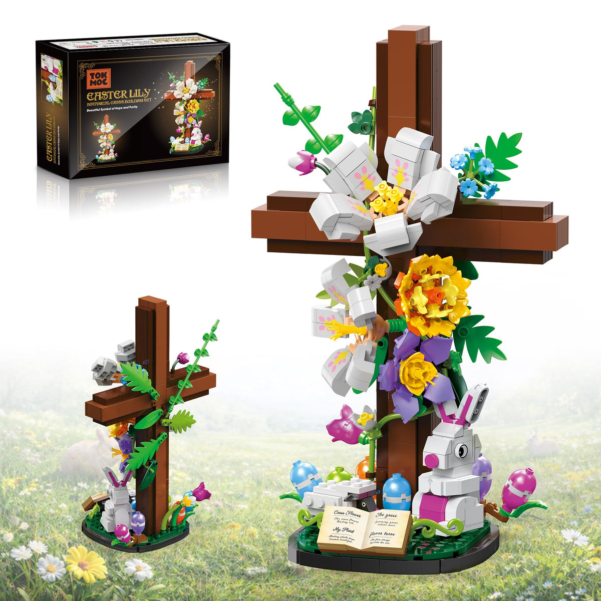 HiDectee Christian cross flower building set displays lilies for a serene home centerpiece.