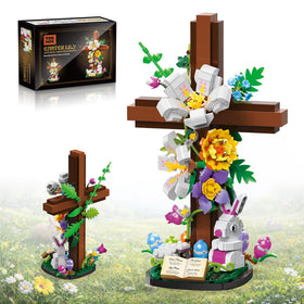 HiDectee Christian cross flower building set displays lilies for a serene home centerpiece.