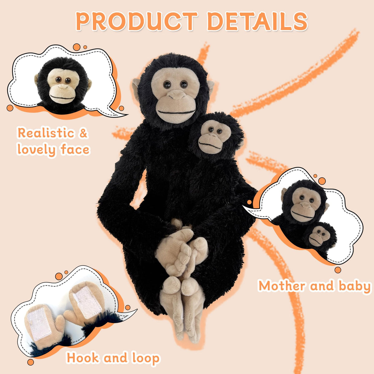 Hideekoog chimpanzee plush with hooks and rings for easy hanging