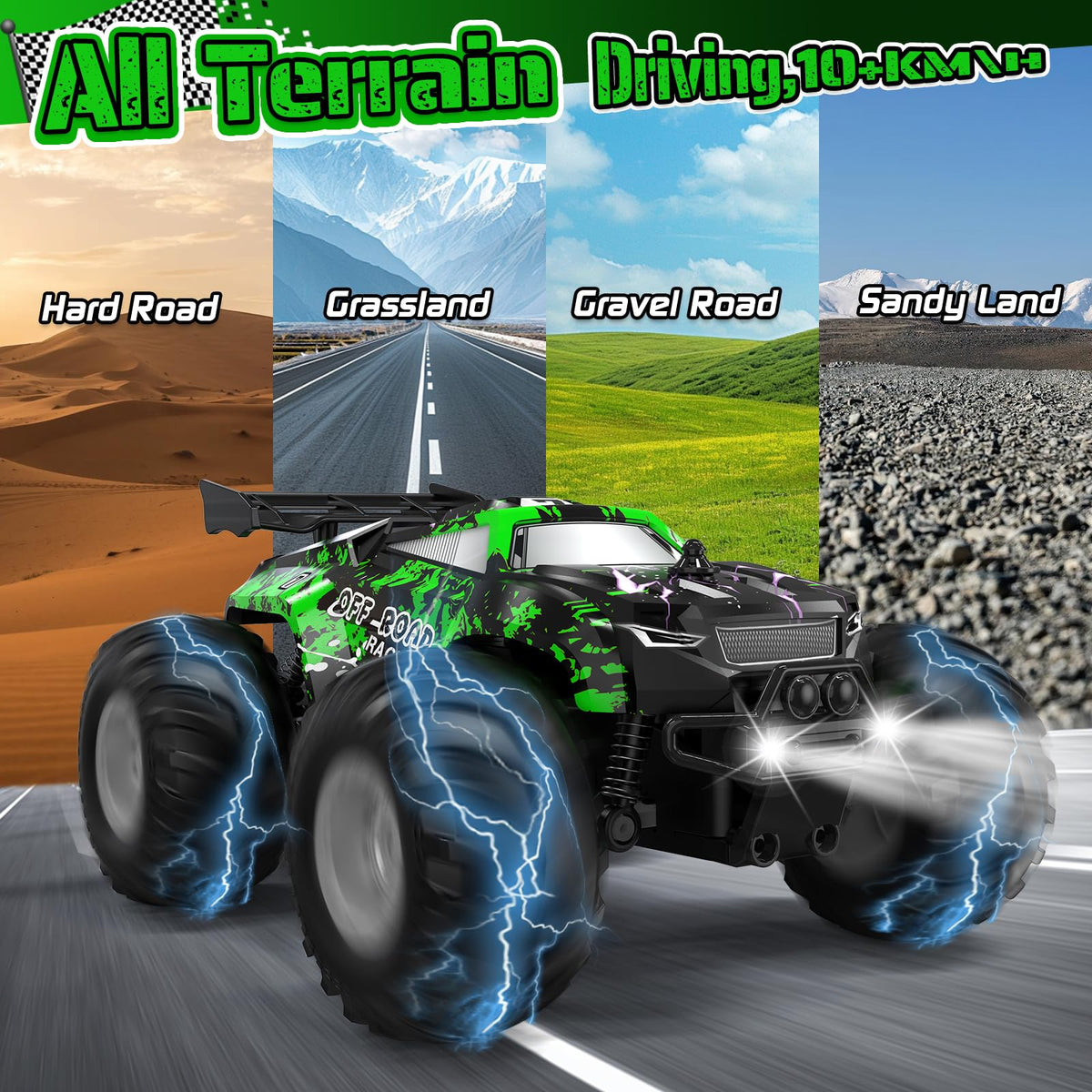 Hielse remote control car with LED lights for improved night visibility.